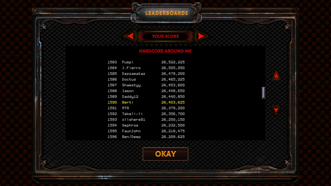 Screenshot: Demon’s Tilt online leaderboards for the Hardcore mode showing Berti at 1590th place with a score of 26 403 625